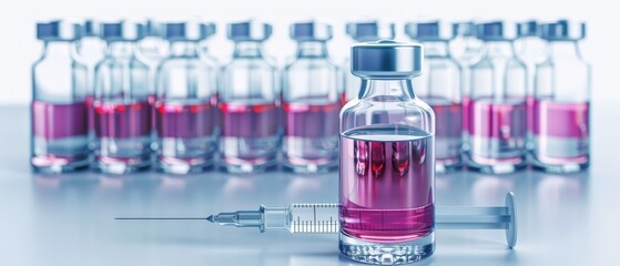 A close-up view of a syringe and a vial filled with pink liquid, representing medical preparations and vaccinations.