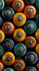 A vibrant collection of colorful spray paint cans stacked together, showcasing a mix of orange, teal, and blue hues.