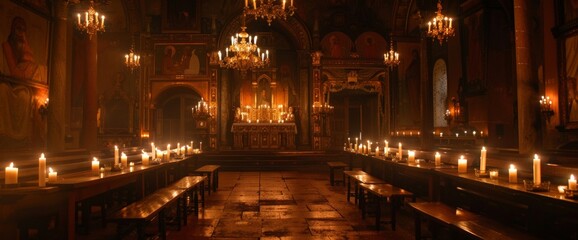 Obraz premium Ornate Church Interior with Lit Candles and Altar