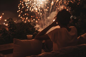 Woman Celebrating at Night with Fireworks
