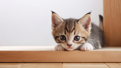 Adorable, playful kitten peeking over the edge of a wooden floor, white background, copy space