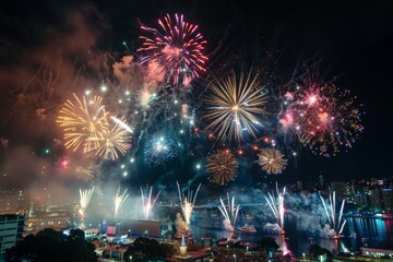 Celebratory Fireworks Display at Night in a City Skyline