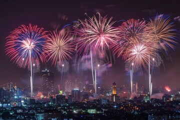 Obraz premium Celebratory Fireworks Illuminating City Skyline at Night