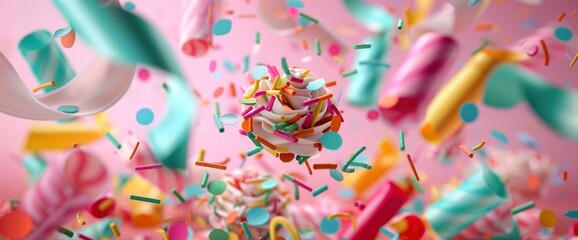 Multicolored Falling Confetti And Streamers On A Pink Background, Celebrating Joy