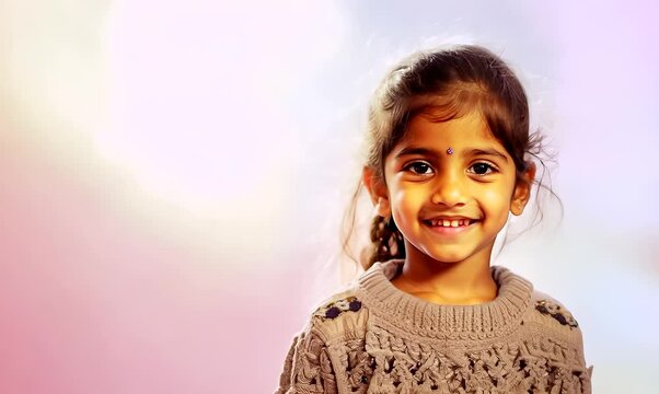 Group portrait of an Indian child female against a pastel or soft colors background wearing a cardigan