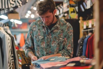 Obraz premium A man in a floral shirt, browsing clothing in a shop.