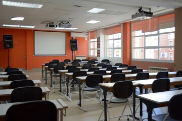 Empty Classroom with Rows of Desks and Chairs