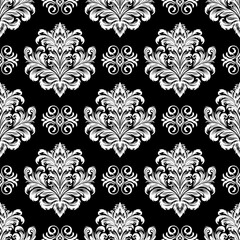 Fototapeta premium Seamless damask pattern,white ornate on black blackground.