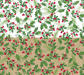 Christmas Holly leafs and Mistletoe Seamless Pattern- White and Natural Background- Christmas vector Illustration