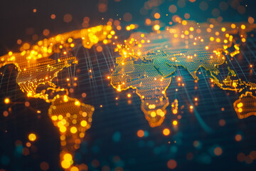 Digital world map with glowing network connections, abstract digital representation of a connected global network