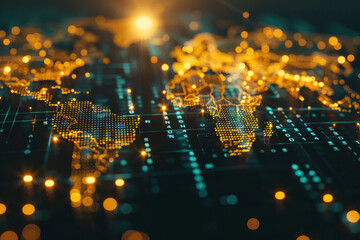 Digital world map with glowing network connections, abstract digital representation of a connected global network
