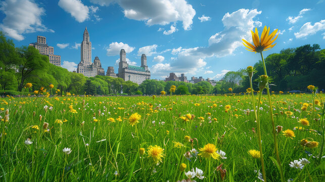 central park sheap meadow with city building background

