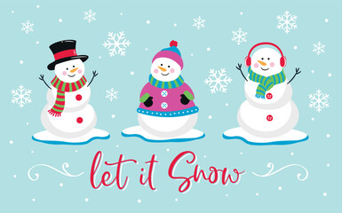 Snowman Isolated with snow much fun Text and Snowflakes, Cute Snowman characters vector design 
