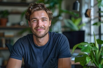 Fototapeta premium Young Man Smiling at Camera in Modern Office Setting