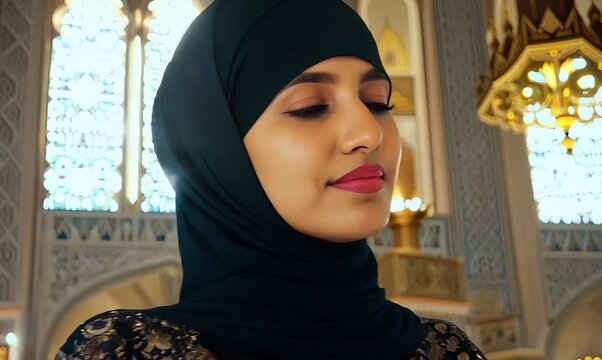 Portrait of a beautiful young muslim woman with hijab in mosque