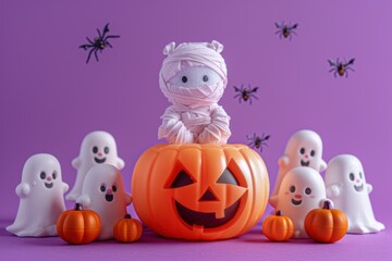 Fototapeta premium Cute Halloween Mummy and Ghosts with Pumpkin Decorations
