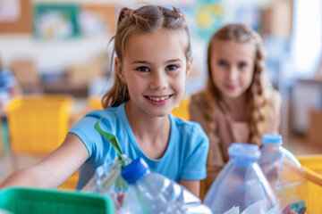 Smiling Elementary School Children Participating in Recycling Activity