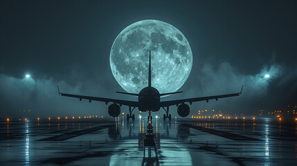 A plane on the runway, perfectly aligned with a full moon in the background, creating a surreal and breathtaking nocturnal scene.