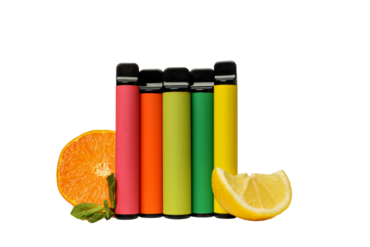 PNG,Electronic cigarettes with orange and lemon, isolated on white background