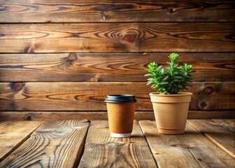 Rustic wooden table with small potted plant in vase, empty space, and a take away coffee cup, perfect for greeting card design or product placement layout.