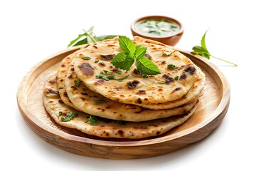 Plate of tasty Paratha with on white background.