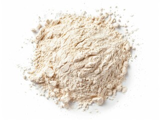 A neat pile of flour rests on a white background, ready for various culinary uses and baking adventures