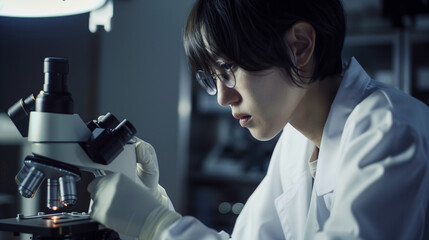 研究室で顕微鏡を見つめる科学者