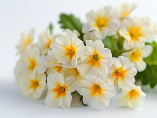 Obraz premium Delicate white primroses with vibrant yellow centers are arranged against a soft, blurred white backdrop