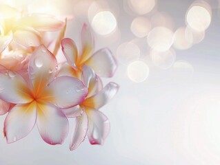 Fototapeta premium Elegant plumeria blooms glisten with raindrops, set against a dreamy, softly blurred backdrop