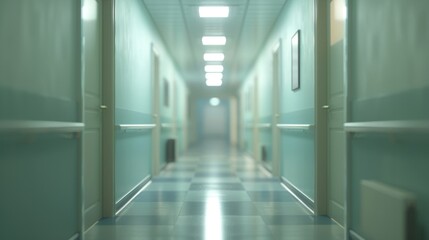 Obraz premium A serene hospital corridor is softly illuminated, creating a calm atmosphere with blurred surroundings