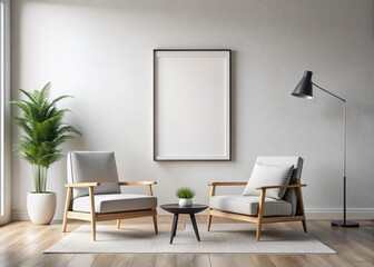 White living room design. Modern interior with chair and black poster frame on white wall