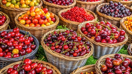 Cherry Fruits and Vegetables in Woven Baskets