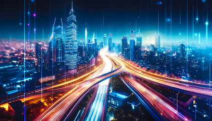 Fototapeta premium Futuristic city night traffic.