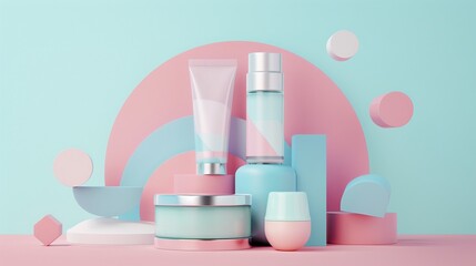 Skincare mockup with geometric shapes, soft pastel tones, highlighting minimalist beauty trends