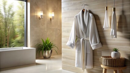 Serene bathroom scene with a white robe draped on a hook, evoking a sense of relaxation and tranquility, inviting the viewer to unwind.
