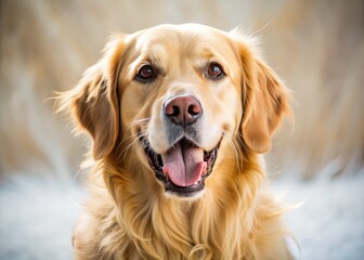 Adorable golden retriever with tongue out and mouth open, showcasing joyful expression, surrounded by soft fur, whiskers, and floppy ears in warm natural light.