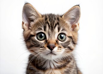 Adorable tabby kitten displays a comical mix of surprise, skepticism, and uncertainty with wide eyes and a puzzled expression, looking straight into the camera.