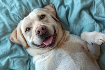Happy Labrador Dog Lying Upside Down on Bed – Smiling with Tongue Out, Looking at Camera, Pastel Blue Background, Natural Light


