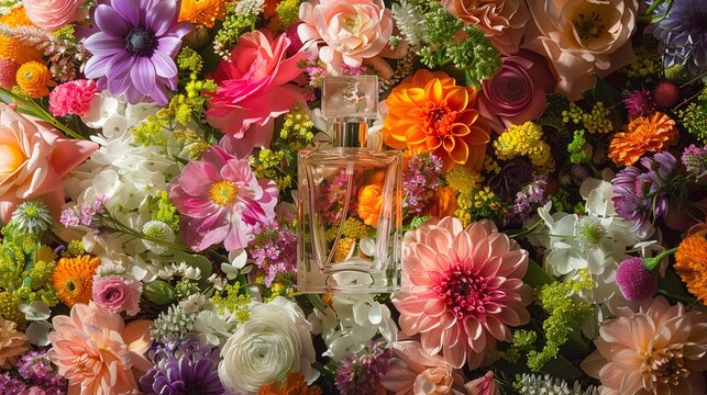 Elegant perfume bottles, symmetrical elegance, amidst a burst of colorful, spring flowers
