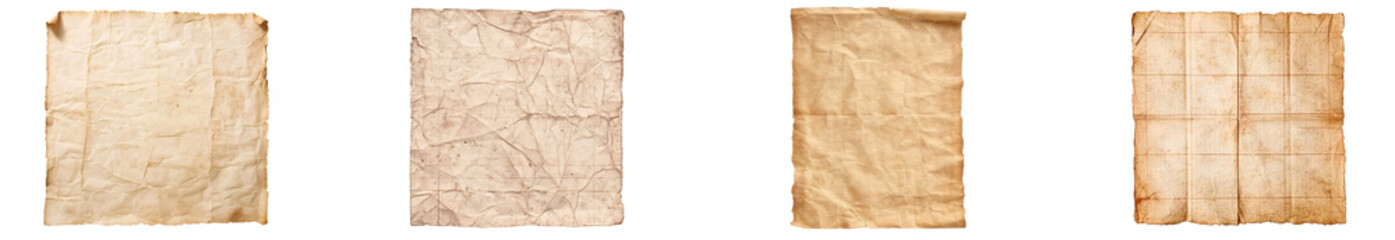 A collection of four weathered aged pieces of paper in various states of disrepair