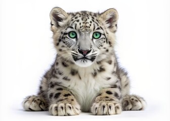 Adorable snow leopard cub with grey and white fur and bright green eyes sits alone on a pure white background, showcasing its innocence and beauty.