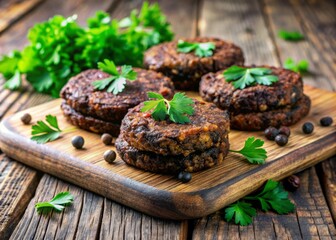 Freshly prepared black bean burger cutlets garnished with vibrant green parsley and arranged on a rustic wooden board, promoting a healthy vegan lifestyle choice.