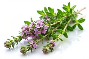 Fresh thyme sprig with delicate purple flowers and green leaves isolated on transparent background, perfect for culinary and wellness themed designs.