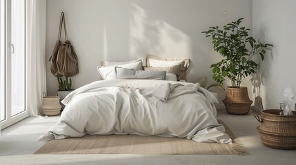 Tote in a serene, minimalist bedroom setup, lifestyle chic