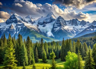 Fototapeta premium Breathtaking panoramic view of majestic snow-capped mountains backdrop with lush green trees, ideal for advertising outdoor enthusiasts at a serene resort landscape scene.