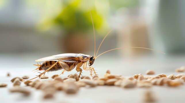 Close-up of a cockroach in a kitchen setting, walking among crumbs on a countertop with a blurred background.