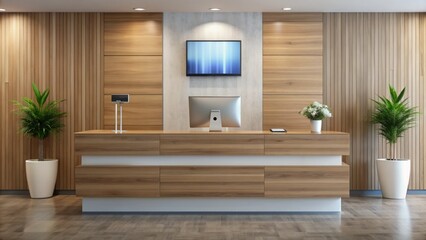 Sleek, modern reception desk with a wooden countertop, metal legs, and a digital screen displaying hospital information, set against a neutral-colored wall in a medical center.