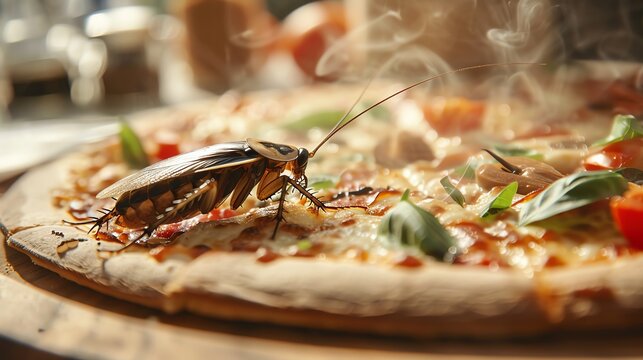 Close-up of a cockroach on a pizza slice, emphasizing the importance of cleanliness and pest control in food preparation areas.