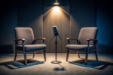 Two empty chairs with microphones positioned in a dimly lit interview room, creating an intimate setting for podcasters and media conversationalists, with ample copyspace for branding.