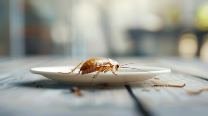 Close-up of a cockroach on a white plate on a wooden table, representing hygiene issues and pest control challenges in various environments.